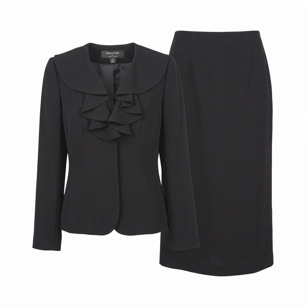 Signature Larry Levine Y2K Womens Black Ruffle Collar Midi Suit Set 10 Romantic